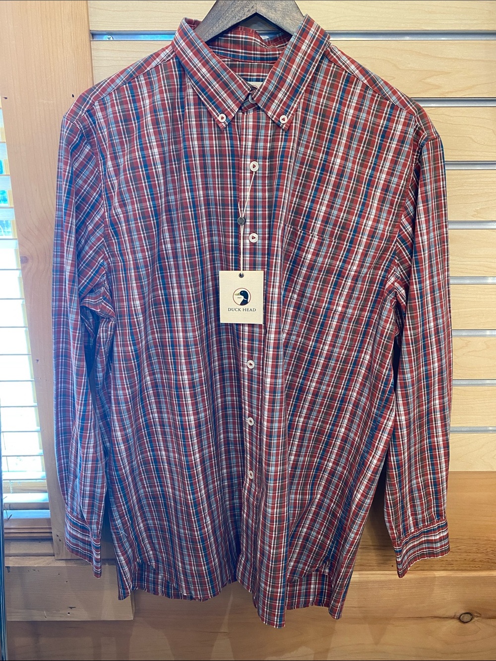Duck Head Men's Red and Blue Plaid Button-Down Shirt